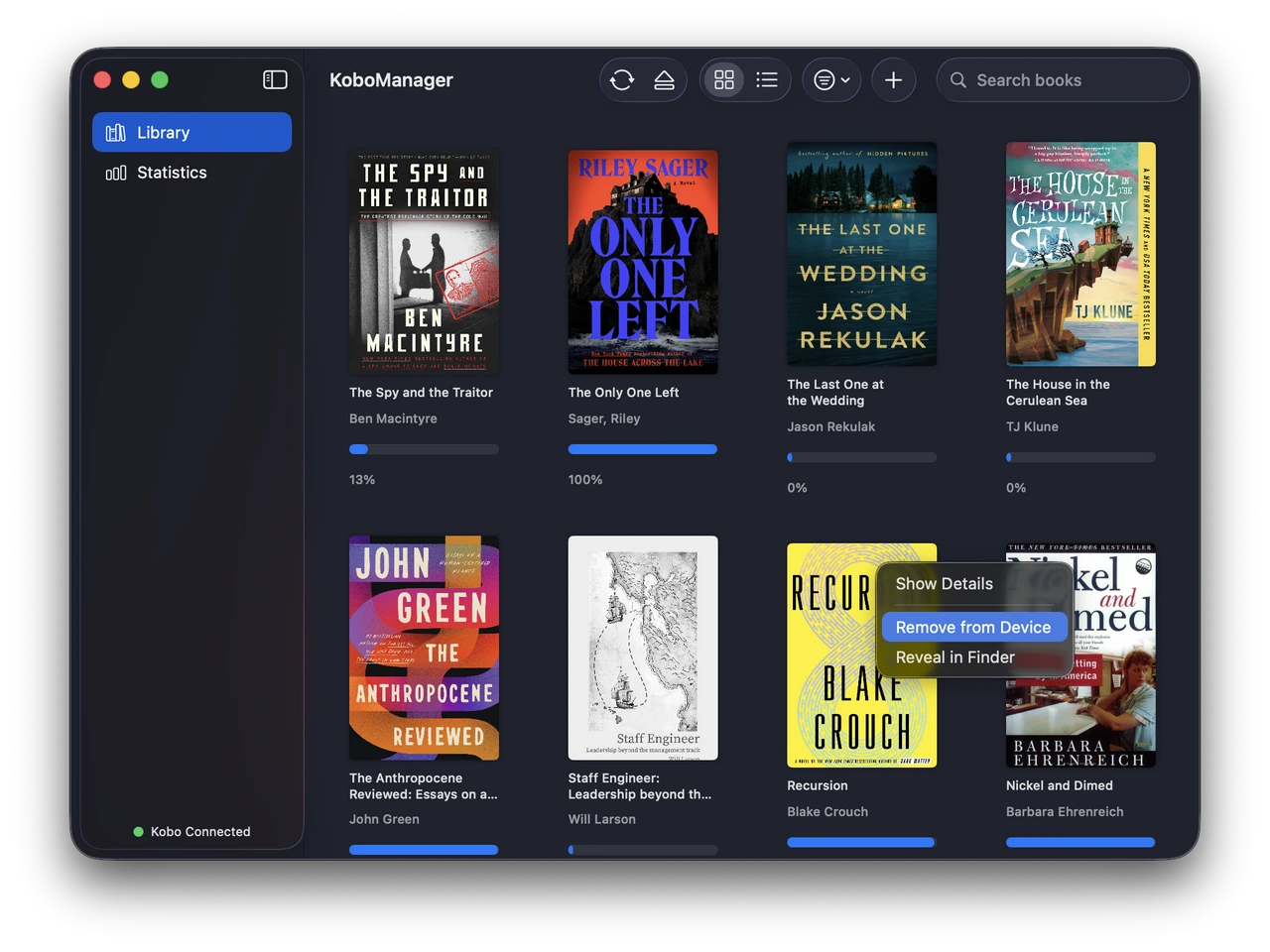 context menu for managing books